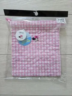 ディズニー　ミニー　キルト　巾着　刺繍　チェック　銀チタン