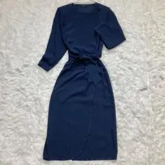 J&R【サイズ M】マキシ丈　ラップワンピース　ウエストリボン　ロング　ネイビー