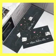 2枚セット ネコ ブラック ハート キッチンマット かわいい 玄関マット 猫