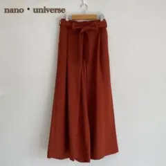 【ナノユニバース】ワイドパンツ　フレア　ベルトリボン　朱色　ウエスト半分ゴム