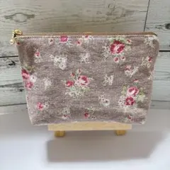 アンティーク風ローズ柄ポーチ＊茶＊横20.5×縦13×マチ4cm＊ハンドメイド