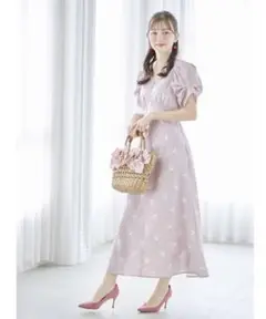 tocco 後ろりぼん付きチェリー×リボンプリント袖 ワンピース