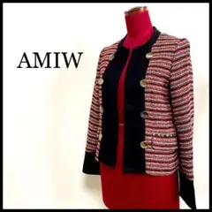 AMIW アミウ ノーカラージャケット ツイード レトロ 赤 黒 M