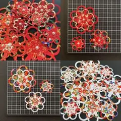 ペーパークラフト☻ 紅白・3サイズ和風お花パール付(友禅模様)セット