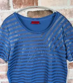 ヒューゴボス HUGO BOSS 半袖Tシャツ 光沢ボーダー Lサイズ ネイビー