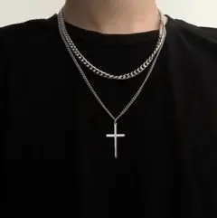 シンプル クロスペンダント ヒップホップスタイル ダブルレイヤー 男女兼用