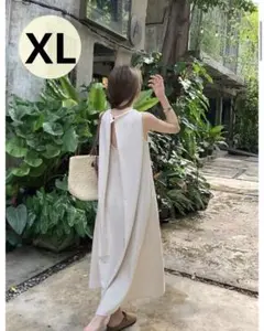 ロングワンピース リネン麻 白 夏 ノースリーブ ゆったりバックオープン　XL