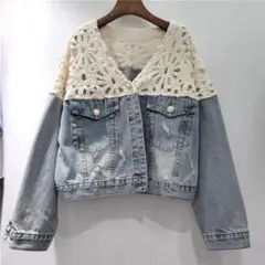 スプライシングレースデニムジャケット★ショート丈　ニッチデザイン✨