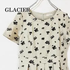 GLACIER 花柄 ビーズ 半袖 ひざ丈 ワンピース ベージュ サイズM