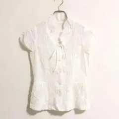 【良品】monplaisir半袖ブラウス　刺繍　シャツ　レース　透け感b630