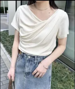 タグ付未使用　RANAN 2WAYドレープオフショルリブＴシャツ　オフホワイト