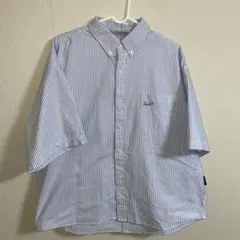 半袖刺繍入りストライプシャツ 青