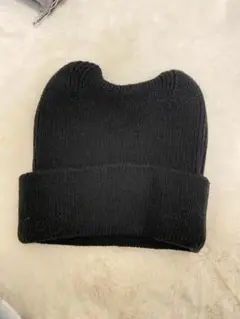 黒 ニット帽 折り返しタイプ　猫　くま
