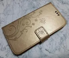 手帳型 iphone11 用 ケース 草花 蝶 エンボス 金色 ゴールド 金運