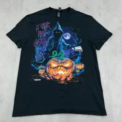 ハロウィン　ジャックオランタン　トップス　半袖　Tシャツ　古着　ブラック　黒　L