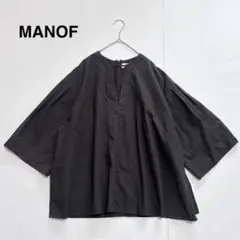 MANOF　マノフ　コットンブラウス　深Vネック　ボリュームスリーブ　黒　S