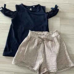 ネイビー半袖肩だしシャツとチェックショートパンツセット 120