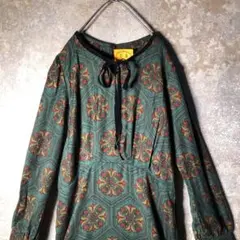 【ヴィンテージ】総柄 ネルのロングワンピース グリーン 古着 ZBS5