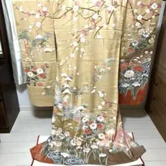 正絹本加賀友禅振袖 金沢ゑり虎 黄支子色 四季の花 金駒刺繍 箔押