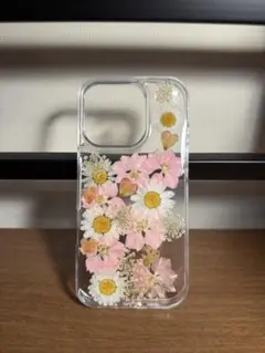 iPhone16Pro スマホケース クリア 押し花 ピンク ホワイト
