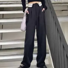GRL◇ウエスト折り返しパンツ NH48 ストレート スラックス ブラック L