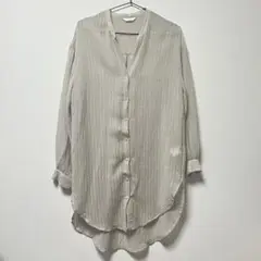 NICOLE white ノーカラー シアーシャツ グレージュ ストライプ