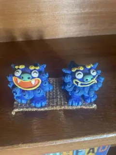 青いシーサー陶器置物2体セット