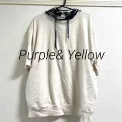 Purple& Yellow チェックフード半袖パーカー 両サイドポケットあり