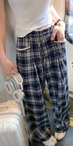 SHEIN チェック パンツ ネイビー ワイド パンツ