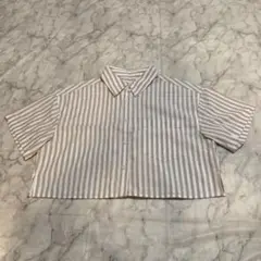 GU リネンブレンドクロップドシャツ（半袖）（ストライプ）ベージュ/S