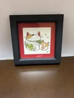 猫の版画 小型 黒フレーム