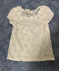 値下げ、ホワイト レースネック 半袖Tシャツ、バックがレース、未使用品