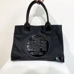 美品 トリーバーチ ロゴトートバッグ エナメル×ナイロン ブラック