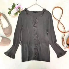 23区 七分袖リブカーディガン ニットブラウス フリル ブラウン 38 秋冬服