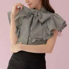 VIOLETTA フリルリボン ノースリーブ ブラウス チェックブラウス