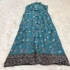 n6774 ハンドメイド ノースリーブシャツワンピース M-L 総柄 ミモレ丈