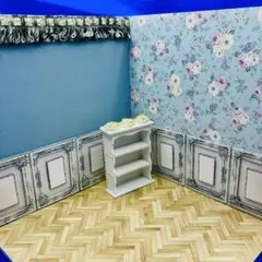 【花柄×水色】背景ボード　1/12 半立体　ペーパークラフト　ドールハウス