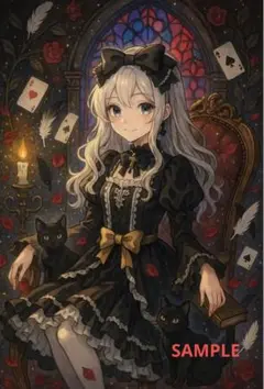 ゴシック ロリータ 美少女イラスト 黒猫と月 夜空 ファンタジー No.37
