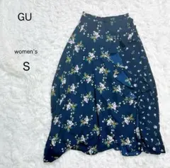 【GU】花柄フレアスカート 紺 裏地あり 春夏 上品 フリル きれいめ