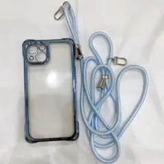 美品✨iPhone13ケース ショルダーストラップ　クリア　ブルー