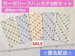 日本製ダブルガーゼ　いちご柄水玉ハーフガーゼハンカチ 約9㎝×19㎝　5枚セット