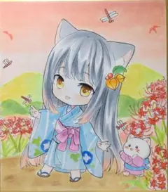 オリジナル手描きイラスト　猫ちゃんと夕暮れの散歩道