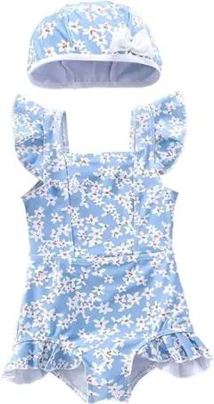 【130cm】ワンピース水着・スイムキャップセット 水色花柄