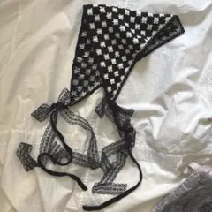 ヘッドスカーフブロックチェック市松柄三角スカーフ黒レースヘアアクセサリークロシェ