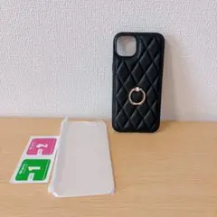 iPhone14 Plus ケース+ガラスフィルム1枚 レザー風 リング付 黒