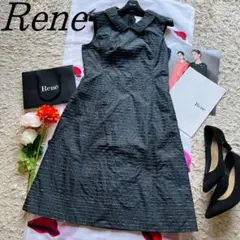 【良品】Rene 襟付きワンピース 膝丈 TISSUEフレア ノースリーブ 36