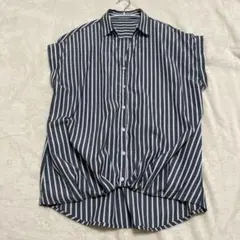 シャツ ストライプ フレンチスリーブ ブルーグレー系