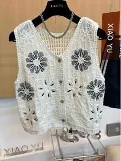 ボタン 刺繍 透かし編み 涼しい ベスト チョッキ トップス きれいめコーデ