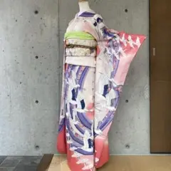 正絹 振袖 鶴柄 ピンク系 袷