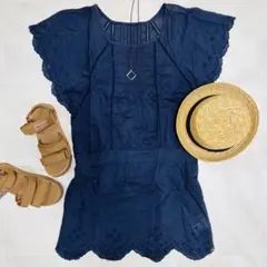 スピックアンドスパン　レース半袖ブラウス　チュニック　袖刺繍
